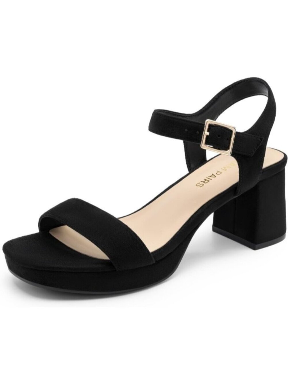 Women Black Suede Open Square Toe Ankle Strap Platform Block Chunky Heel Sandals
